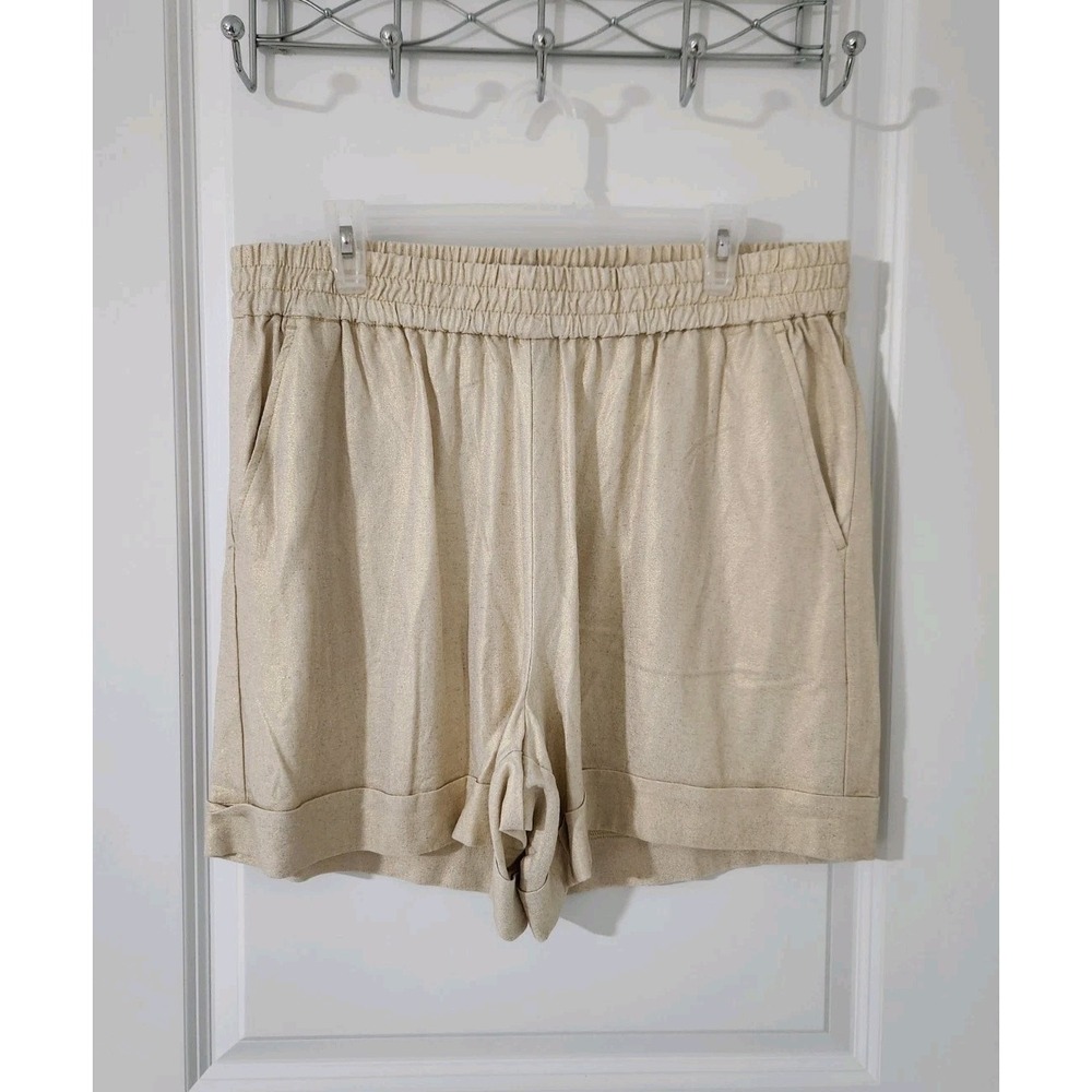 Women's Linen Blend Casual Shorts Elastic Waist Pockets Beige Gold Size XL